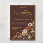 Elegant Wedding Script Brown Floral Einladung (Vorderseite)