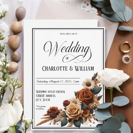 Elegant Wedding Script Brown Floral White Einladung