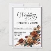 Elegant Wedding Script Brown Floral White Einladung (Vorderseite)