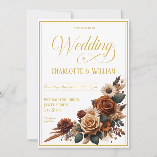 Elegant Wedding Script Rustic Floral Einladung (Vorderseite)