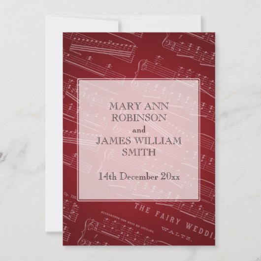 Elegant Wedding Sheet Music Red Einladung (Vorderseite)