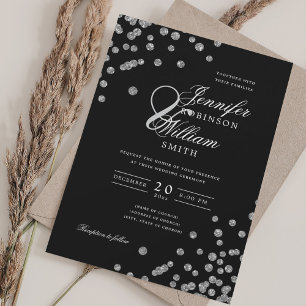 Elegant Wedding Silver Glitzer Confetti Black Einladung