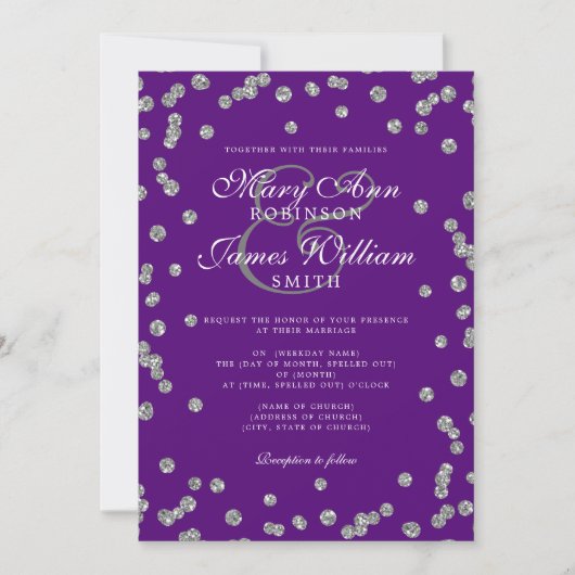 Elegant Wedding Silver Glitzer Confetti Lila Einladung (Vorderseite)