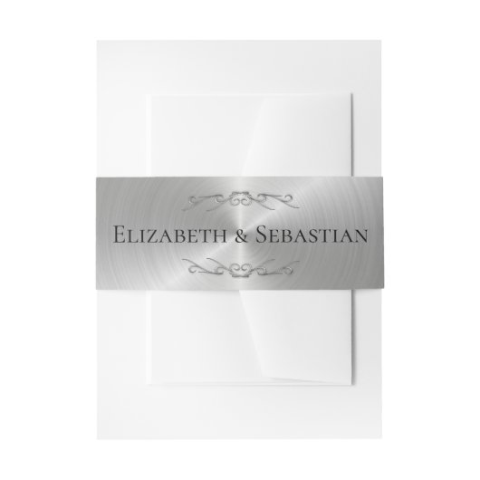 Elegant Wedding Silver Metallic Scrollwork Names Einladungsbanderole (Vorderseite Beispiel)