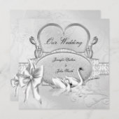 Elegant Wedding Silver White Swans Heart Bow Einladung (Vorne/Hinten)