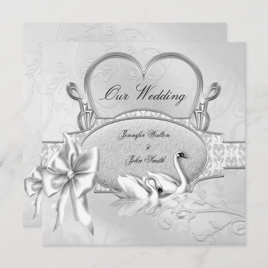 Elegant Wedding Silver White Swans Heart Bow Einladung (Vorne/Hinten)