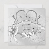 Elegant Wedding Silver White Swans Heart Bow Einladung (Vorderseite)