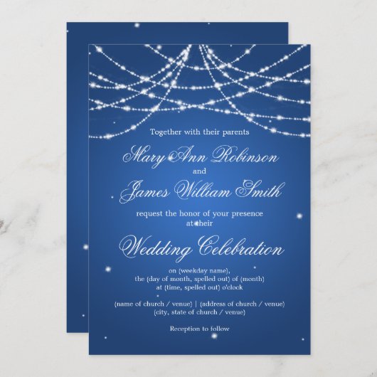 Elegant Wedding Sparkling String Blue Einladung (Vorne/Hinten)