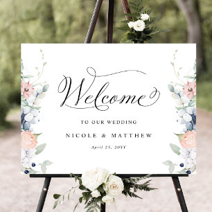 Elegant Wedding Welcome Sign Blue Coral Floral Poster