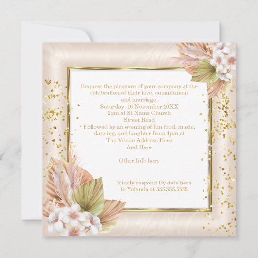 Elegant Wedding White Cream Boho Floral Gold Einladung (Rückseite)