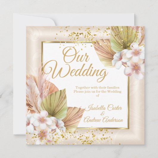 Elegant Wedding White Cream Boho Floral Gold Einladung (Vorderseite)