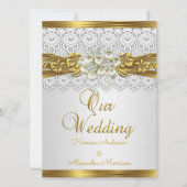 Elegant Wedding White Pearl Gold Lace Floral Einladung (Vorderseite)