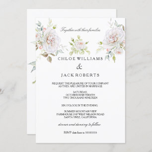 Elegant Wedding White Pink Rose Bouquet Einladung