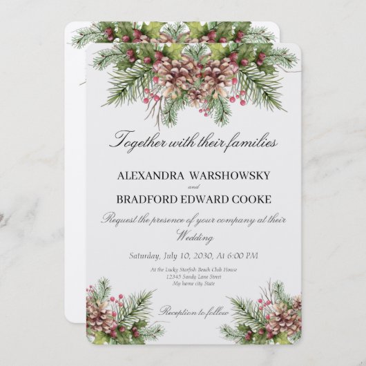 Elegant Wedding Winter Greenery Pinecone Einladung (Vorne/Hinten)
