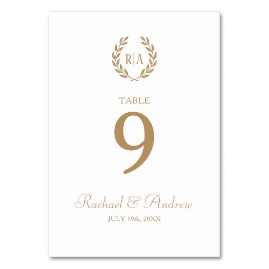 Elegant Wedding Wreath Monogram Gold White Tischnummer (Rückseite)