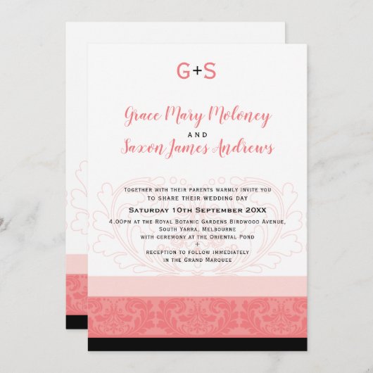 ELEGANT WEDING Koralle geblüht Details Monogramm Einladung (Vorne/Hinten)