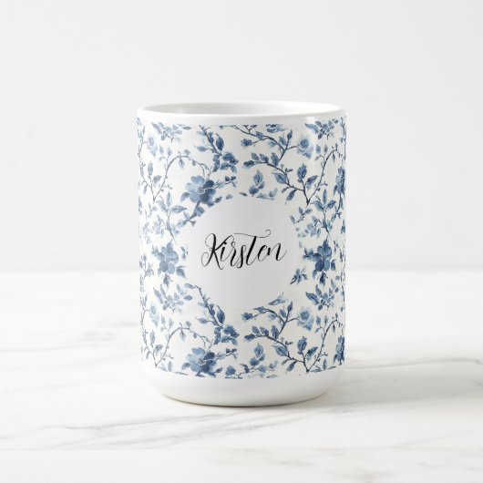 Elegant Weiß Blau Blumenmuster   Kaffeetasse (Mittel)