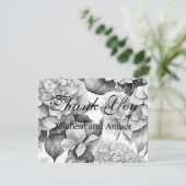 Elegant, weiß, grau, schwarz, blumenfarben dankeskarte (Stehend Vorderseite)