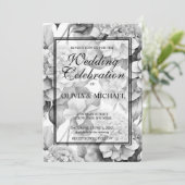 Elegant, weiß, grau, schwarz, blumenfarben einladung (Stehend Vorderseite)