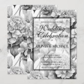Elegant, weiß, grau, schwarz, blumenfarben einladung (Vorne/Hinten)