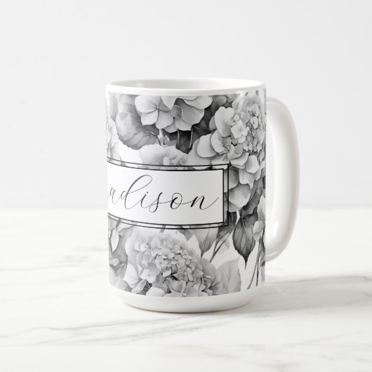 Elegant, weiß, grau, schwarz, blumenfarben kaffeetasse (VorderseiteRechts)