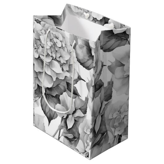 Elegant, weiß, grau, schwarz, blumenfarben mittlere geschenktüte (Vorderseite Schrägansicht)