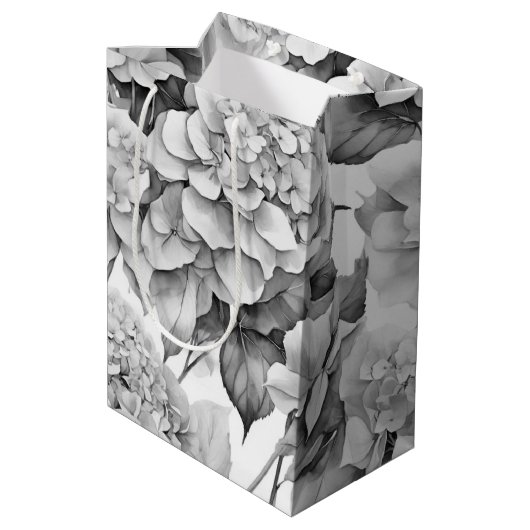 Elegant, weiß, grau, schwarz, blumenfarben mittlere geschenktüte (Rückseite Schrägansicht)