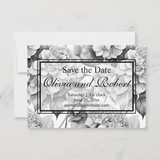 Elegant, weiß, grau, schwarz, blumenfarben save the date (Vorderseite)