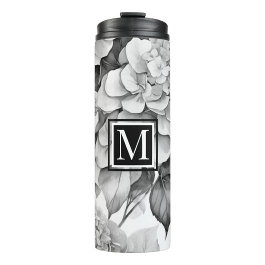 Elegant, weiß, grau, schwarz, blumenfarben thermosbecher (Vorderseite)