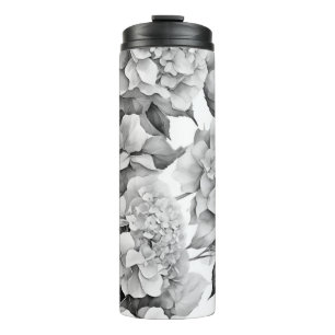 Elegant, weiß, grau, schwarz, blumenfarben thermosbecher