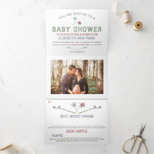 Elegant weiß, Wildblume Babydusche Suite Dreifach Gefaltete Einladung