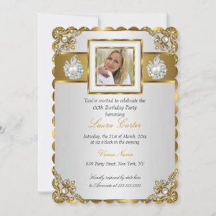 Elegant Weißgold Perle Damast Foto Geburtstag Einladung