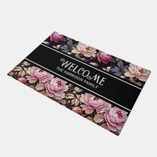 Elegant Welcome Blush Pink Peony Floral Fußmatte (Schrägansicht)