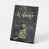 Elegant Welcome Script WIFI Agate Black Marble Sockelschild (Vorderseite)