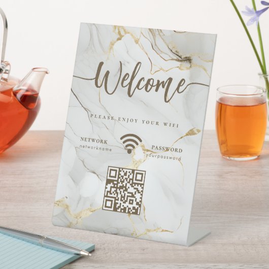 Elegant Welcome Script WIFI QR Code Agate Marble Sockelschild (In Situ)