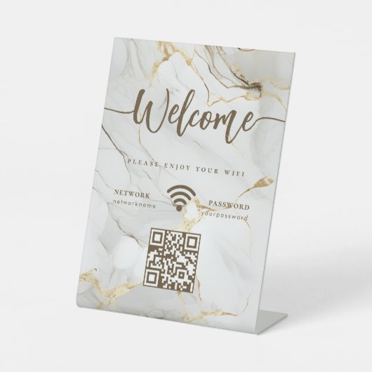 Elegant Welcome Script WIFI QR Code Agate Marble Sockelschild (Vorderseite)