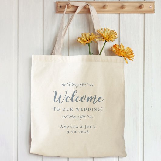Elegant Welcome Weddings Guest Favors Dusty Blue Tragetasche