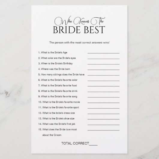 Elegant wer das Bride Brautparty Game kennt (Vorderseite)