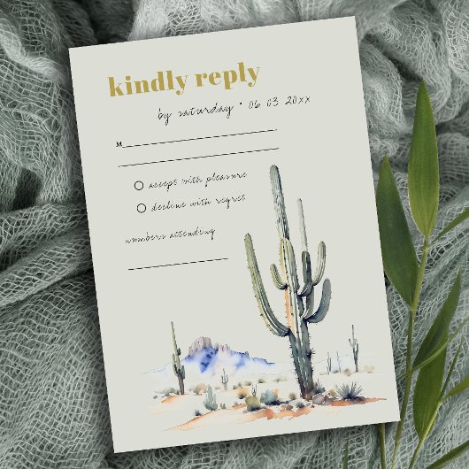 Elegant Western Cactus Desert Sage Green Wedding RSVP Karte