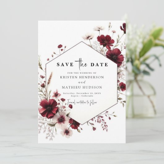 Elegant Whimsical Burgundy Wedding Save The Date (Stehend Vorderseite)