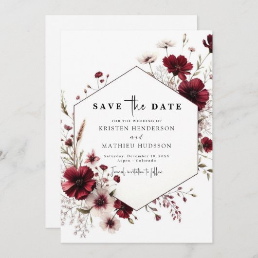 Elegant Whimsical Burgundy Wedding Save The Date (Vorne/Hinten)
