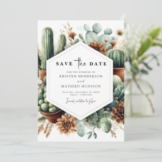 Elegant Whimsical Cactus Wedding Save The Date (Stehend Vorderseite)