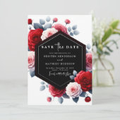 Elegant Whimsical Crimson Red Wedding Save The Date (Stehend Vorderseite)