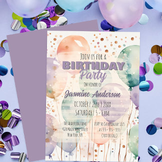 Elegant Whimsy Pastel Watercolor Ballon Geburtstag Einladung