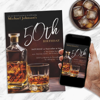 Elegant Whiskey Black Gold 50. Geburtstag Einladung