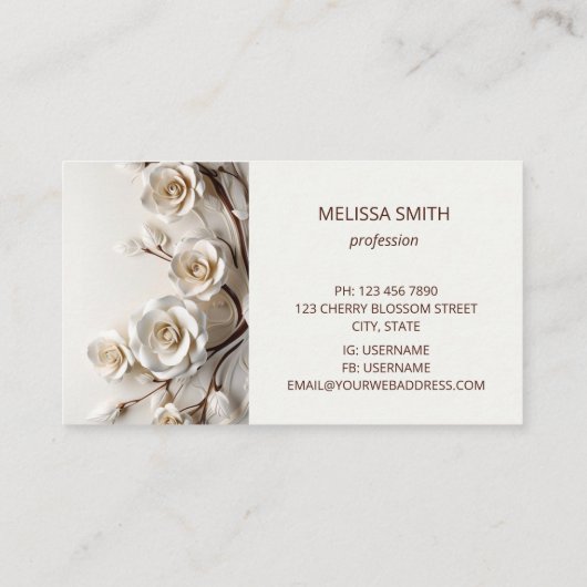 Elegant White 3D Roses Visitenkarte (Rückseite)