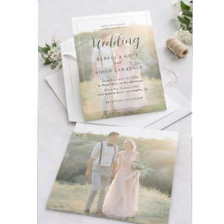 Elegant White and Black Gold Border Photo Wedding Einladung