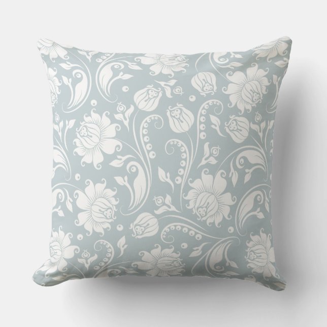 Elegant White And Blue-Gray Floral Damask Kissen (Vorderseite)