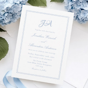 Elegant White and Dusty Blue Wedding Einladung