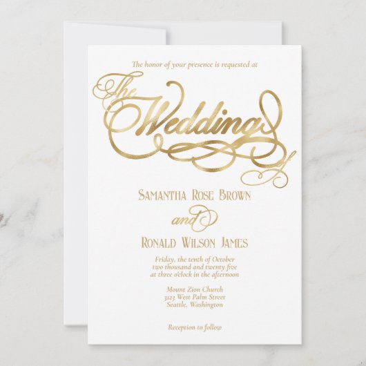 Elegant White and Faux Gold Calligraphy Wedding Einladung (Vorderseite)